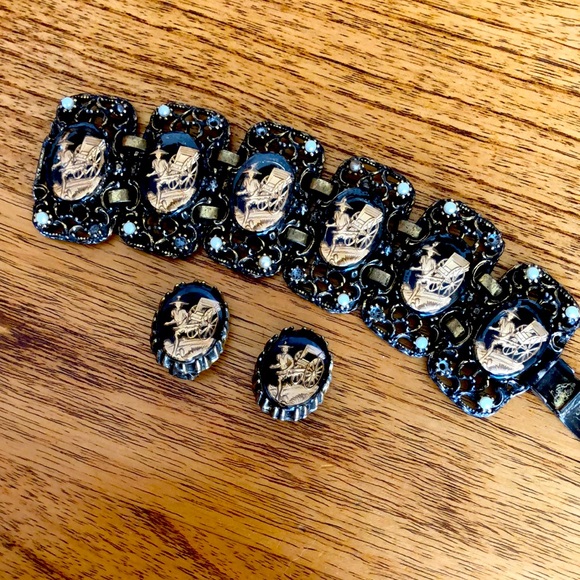 Vintage Intaglio Cabochon Link Bracelet/Earrings-Selro Selini?  Rickshaw - Picture 1 of 17